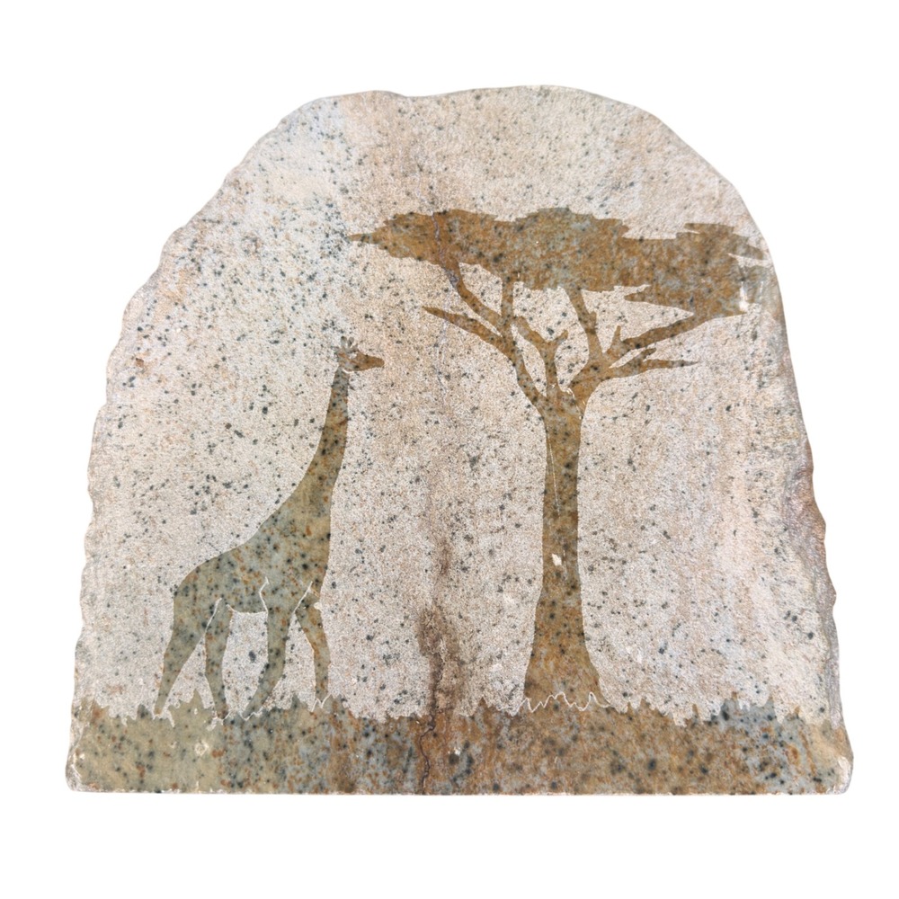 Sierra Hills Stone Giraffe Acacia Tree Etched Granite Slab Safari Shelf Decor